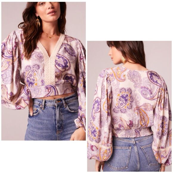 Band of Gypsies Mirabelle Cream Purple Paisley Lace Crop Top, Size M NWT - Picture 1 of 15